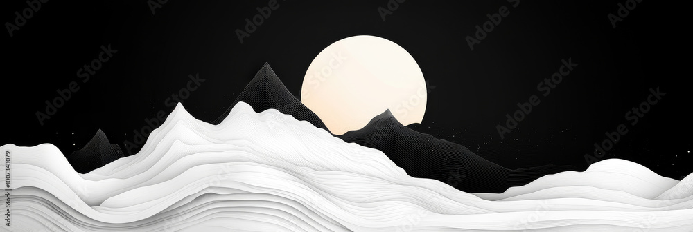 Canvas Prints Abstract landscape with white mountains and a bright moon in the night sky.