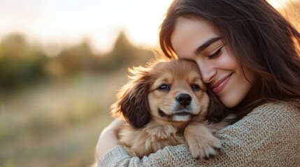 A woman with a joyful expression cuddles her dog, both basking in the tranquil ambiance of a sunset, showcasing a beautiful human-animal bond.