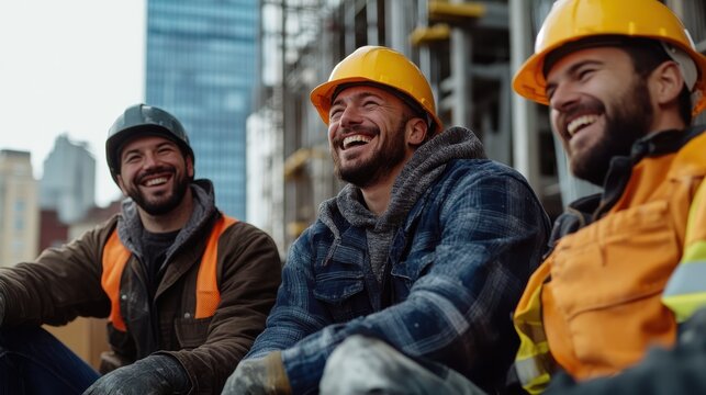 A group of construction workers with helmets sit together in a city, enjoying a moment of respite, illustrating camaraderie and relaxation in an urban setting.