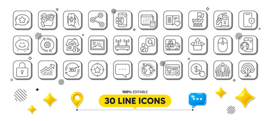 Diesel station, Mobile internet and Computer mouse line icons pack. 3d design elements. Inspect, Outsourcing, Flight mode web icon. Shield, Full rotation, Favorite chat pictogram. Vector