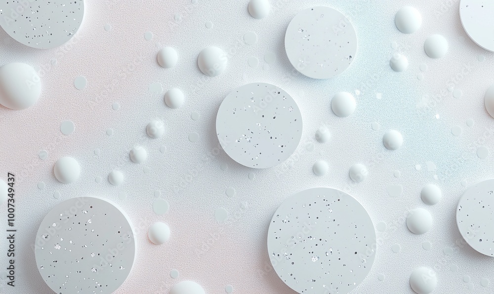 Poster circular patterns in soft pastel colors with hints of glitter, resembling abstract snow globes float