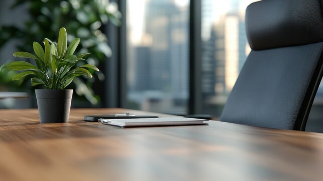 An elegant executive desk arrangement showcasing a plant and clipboard, symbolizing professionalism and style in a sophisticated office space with city views.