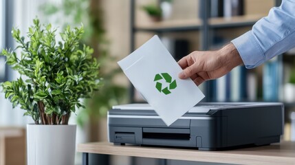 A hand places an envelope with a recycle symbol in a printer, emphasizing eco-friendly technology and sustainable office practices with a green plant nearby.