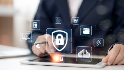 Cybersecurity password login online concept man use a tablet and enter a username and password of social media, logging to an online bank account, data protection hacker