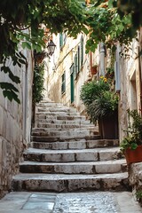 Naklejka premium Narrow cobblestone street with stone steps leading up to a building with green foliage