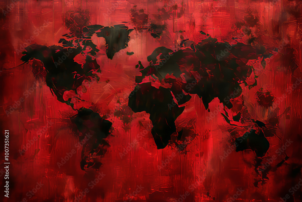 Poster a creative representation of a world map featuring bold black outlines against a vibrant red backgro