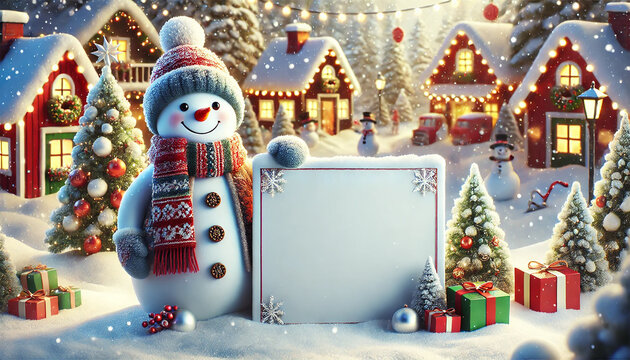 Cheerful Snowman Holding Large Empty Sign for Christmas and New Year's Mockup. Festive Scene in a Snowy Village with Blurred Decorations. AI-generated