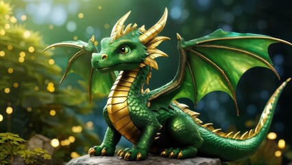 Obraz premium A vibrant green dragon with golden accents rests on a rock in a mystical forest setting.