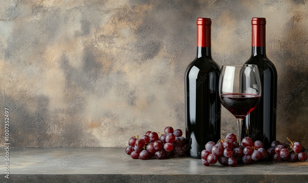 Poster two bottles of wine with grapes and glasses against the background of an old gray concrete table wit