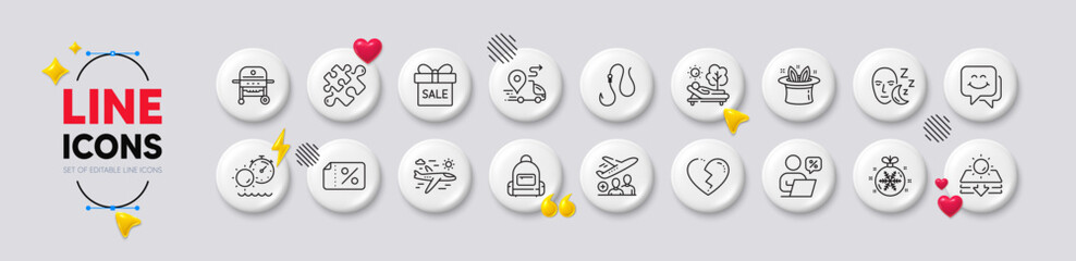 Passenger, Backpack and Delivery line icons. White buttons 3d icons. Pack of Broken heart, Tanning time, Puzzle icon. Christmas ball, Discount banner, Airplane travel pictogram. Vector