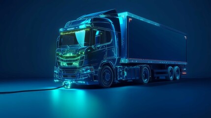 Blue electric truck is plugged into a charger, set against on blue background. Concept of clean energy and modern technology..