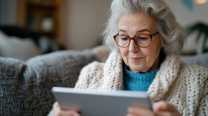 A senior woman sits in a warmly lit room, wearing a soft sweater, engaged with her tablet, enjoying personal entertainment, symbolizing tranquility and modern connectivity.