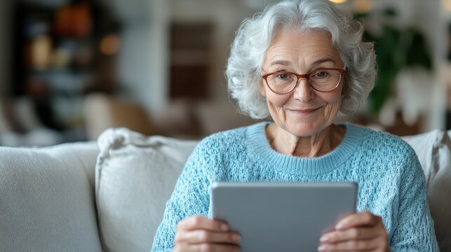 A smiling senior woman comfortably sits with a tablet in hand, portrayed in a modern setting, conveying a sense of happiness, technology acceptance, and ease of use.