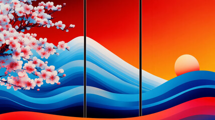 A colorful abstract depiction of a cherry blossom tree and a sunset over wavy water.