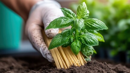 A close-up shot of a gloved hand planting a young basil plant into fresh soil, symbolizing nurturance and the beginning of a flourishing natural journey.