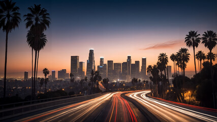 Fototapeta premium ヤシの木が前景に映えるロサンゼルスのスカイラインが描く、都会の美しさ。生成AI