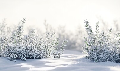 Fototapeta premium Sprigs of frosty thyme with tiny, delicate leaves covered in a light layer of snow, set against a winter landscape