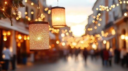 Decorative hanging lanterns illuminate an enchanting street, casting a warm glow over the bustling scene, with blurred festive lights setting a joyful holiday mood.