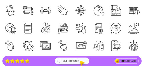 Meeting, Chemistry lab and Fingerprint line icons for web app. Pack of Alarm bell, Document, Smartphone waterproof pictogram icons. Facts, Integrity, Falling star signs. Music, Card. Vector