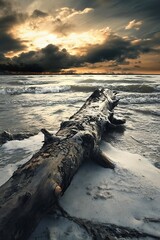 Driftwood on the beach at sunset with dramatic clouds
