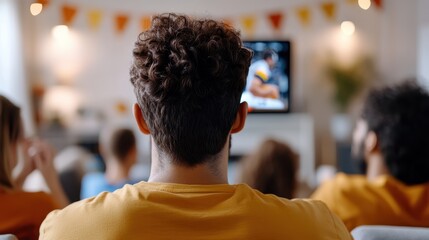 Several people are gathered together in a cozy room, focusing on a television screen showing a sporting event; the warm atmosphere is enhanced by festive decorations.