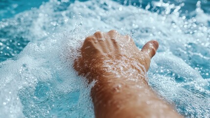 A human hand is seen immersed in bubbly water, creating dynamic splashes, in a setting that highlights the importance of hygiene and cleanliness.
