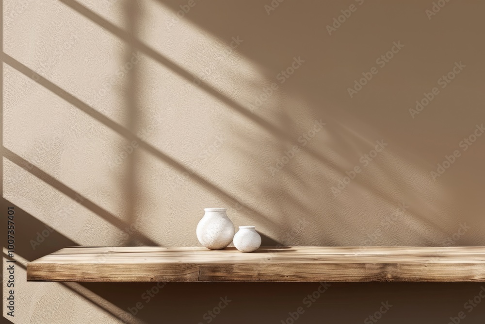 Poster empty table for product presentation with bright background and window shadow.