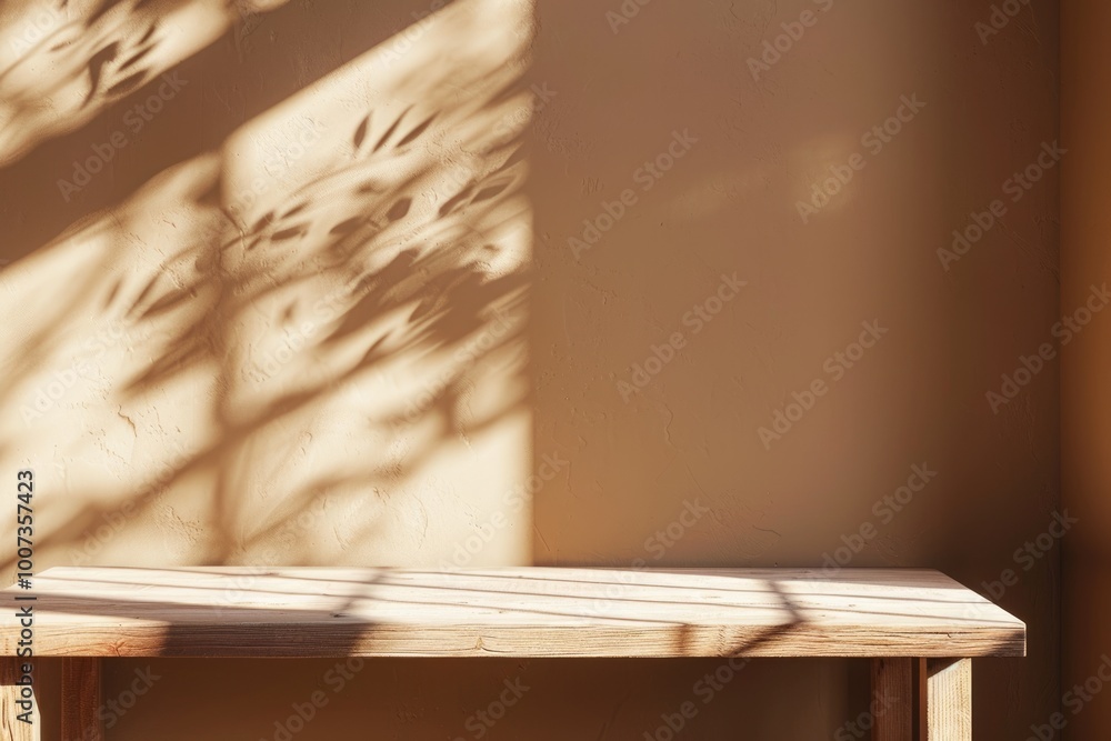 Poster empty table for product presentation with bright background and window shadow.