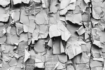 Fototapeta premium Newspaper Magazine Collage Background Texture Torn Clippings Scrap Paper Black and White