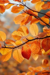Obraz premium Autumn leaves on branch with vibrant colors and blurred background