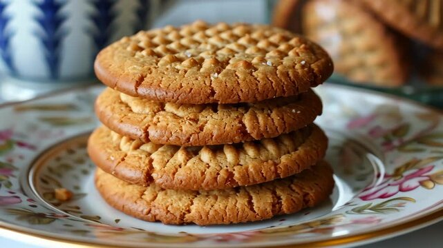 A stack of peanut butter cookies sits on a patterned plate