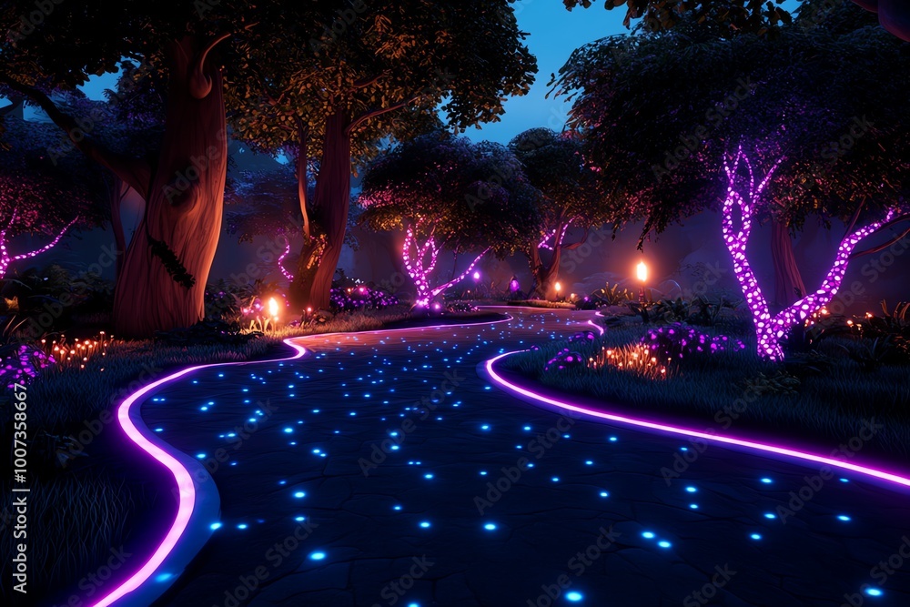 Poster a glowing enchanted forest with towering trees, where magical creatures roam through misty, glowing 
