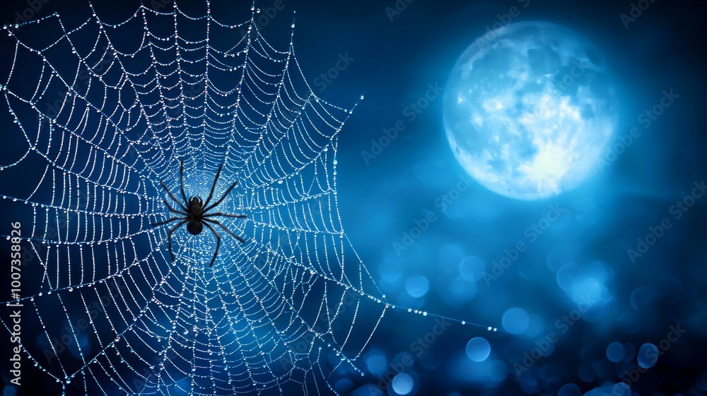 Poster delicate spider web sparkles with dew droplets illuminated by the soft glow of the moonlight creatin