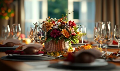 Naklejka premium Thanksgiving table with autumn centerpieces and place settings