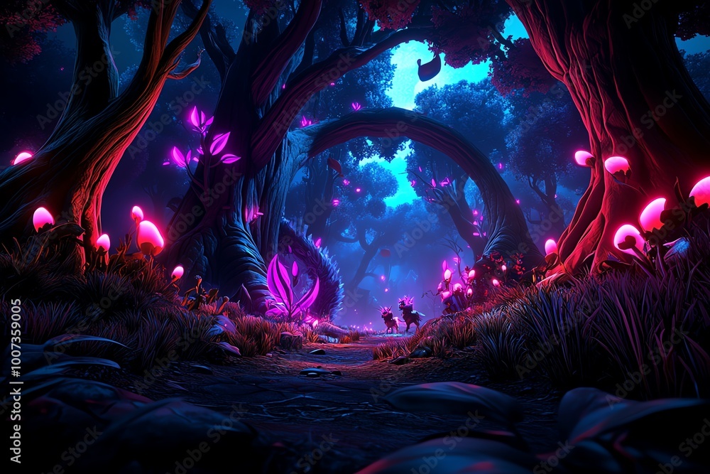 Poster a glowing enchanted forest with towering trees, where magical creatures roam through misty, glowing 