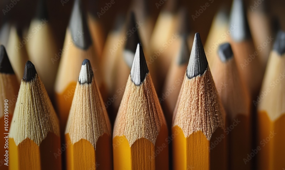 Poster a close up of pencils with the tips cut off. the pencils are all the same color and are lined up in 