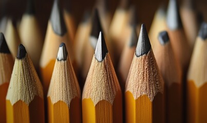 A close up of pencils with the tips cut off. The pencils are all the same color and are lined up in a row. Concept of order and uniformity