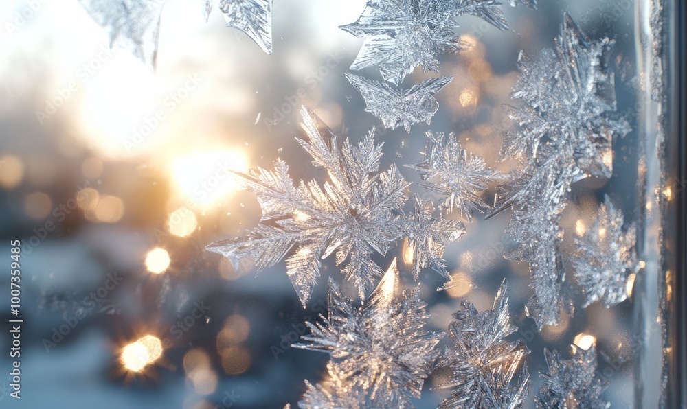 Poster three-dimensional ice crystals forming on a windowpane, with tiny christmas lights reflecting in eac