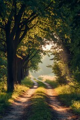 Obraz premium Sun Rays Through Trees in Forest Path, Woodland Scenery Landscape