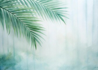 Green palm with reeded glass. Plant leaves. Ribbed Background. Abstract background with refreshing gradient for spa style design. White Reeded Glass. Minimal wood wall with sunny tree decoration.