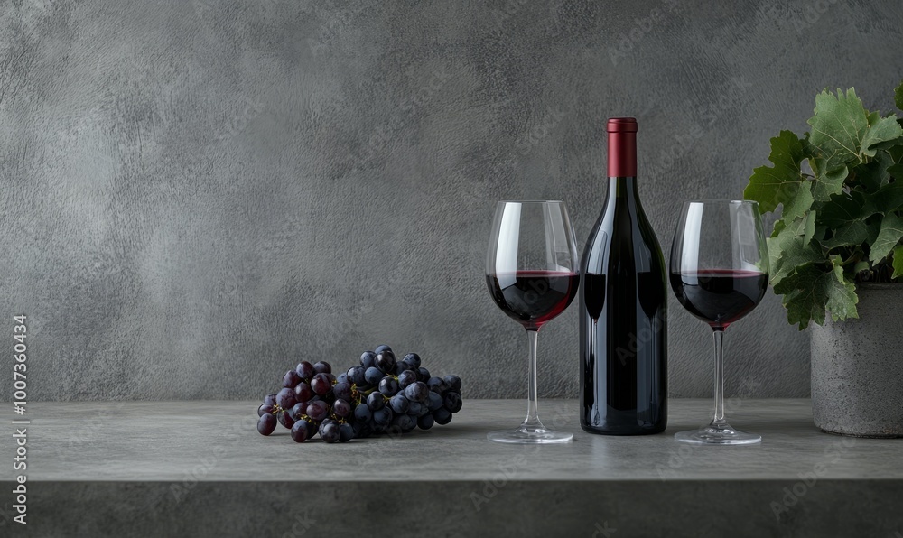 Poster two bottles of wine with grapes and glasses against the background of an old gray concrete table wit
