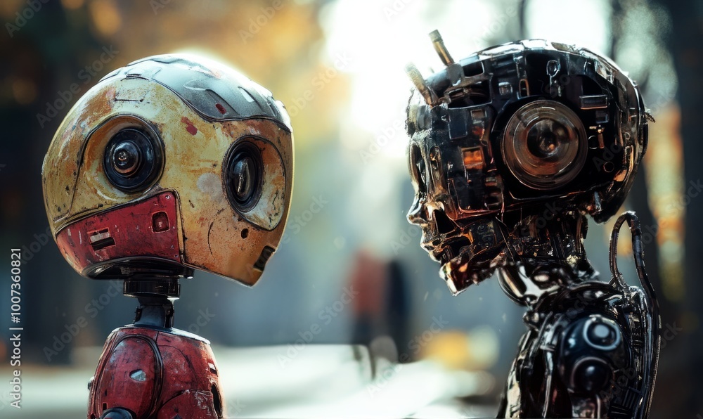 Poster two robots are standing next to each other, one is red and the other is black