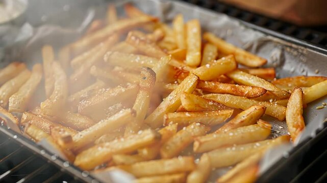 Golden brown French fries are steaming on a baking sheet, ready to be devoured