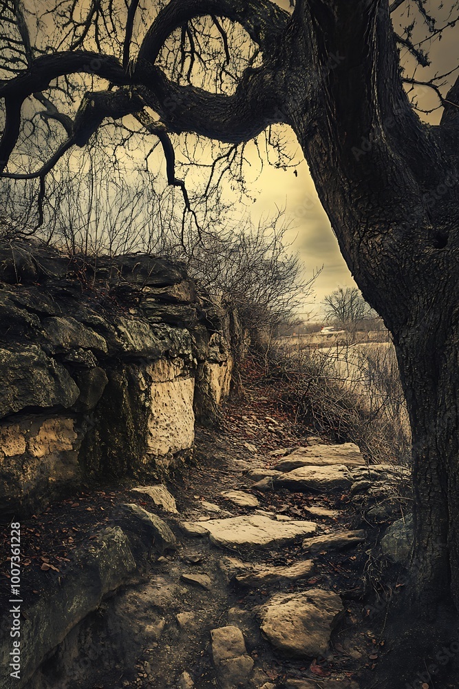 Poster mysterious stone path in forest with large tree and sun shining through the branches