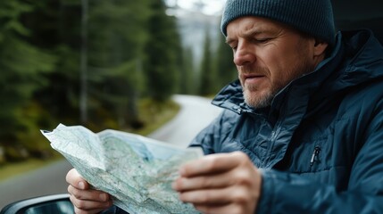 A focused man in a winter setting holding a map, deeply engaged in navigation and route planning, symbolizing solitude, determination, and exploration.