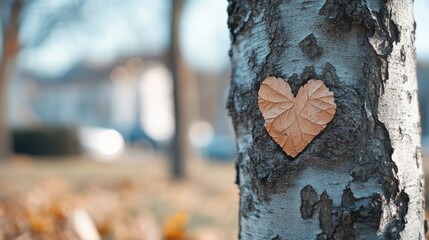 Fototapeta premium A dried brown leaf shaped like a heart attached to a birch tree trunk, with a blurred background of soft earthy tones creating a peaceful, natural scene.