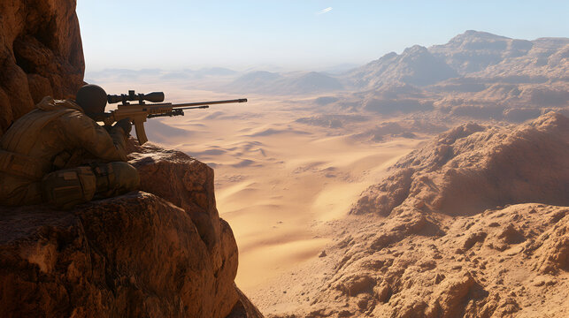 An elite sniper team, positioned on a rocky cliff, with a high-powered rifle and long-range scope, taking aim at a target miles away in a vast desert landscape. Sniper team on a desert cliff.


