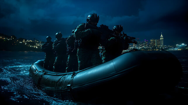 A modern U.S. Navy SEAL team, fully geared in tactical combat suits, stealthily exiting a black inflatable boat at night, with the silhouette of a distant city skyline in the background. Navy SEAL tea
