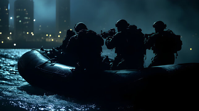 A modern U.S. Navy SEAL team, fully geared in tactical combat suits, stealthily exiting a black inflatable boat at night, with the silhouette of a distant city skyline in the background. Navy SEAL tea