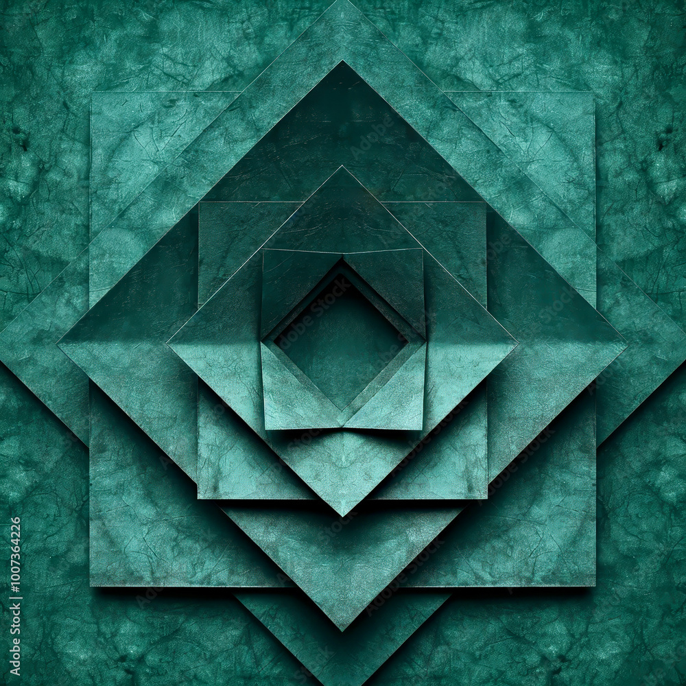 Poster layers of geometric shapes in varying sizes and shades of teal create an eye-catching display of dep